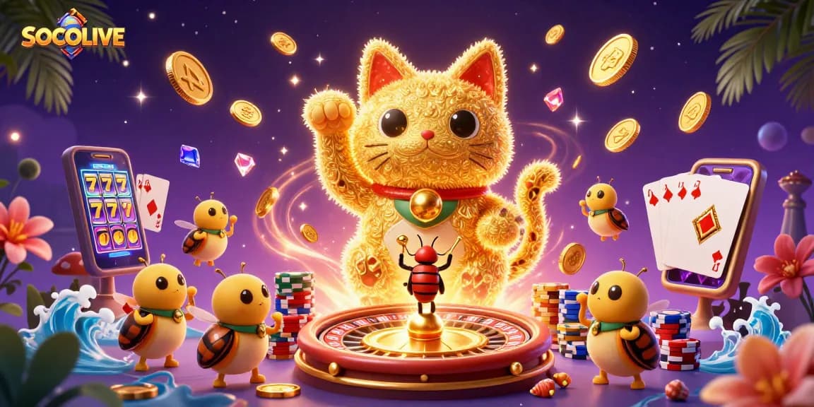 SOCOLIVE captures the excitement of gambling with a lucky cat surrounded by vibrant casino symbols.