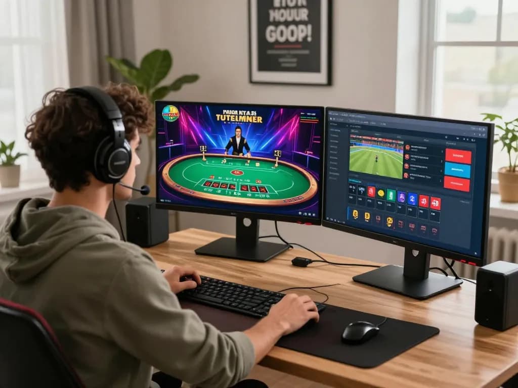 Engaged player using LODE88 on dual monitors for blackjack and sports betting strategy.