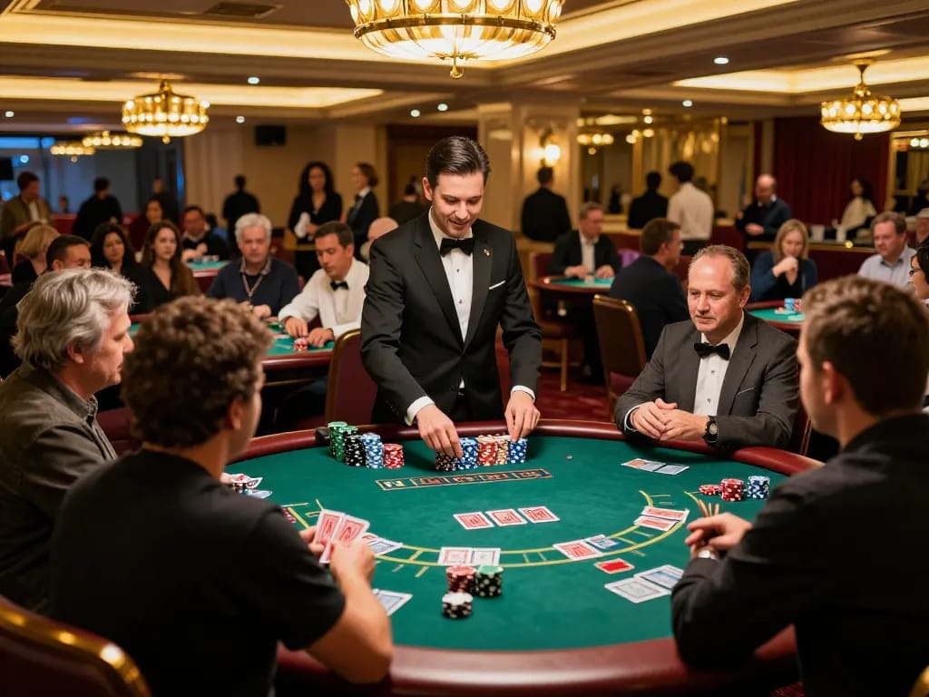 BOMWIN blackjack game scene with players strategizing bets and a dealer in action at a lively casino