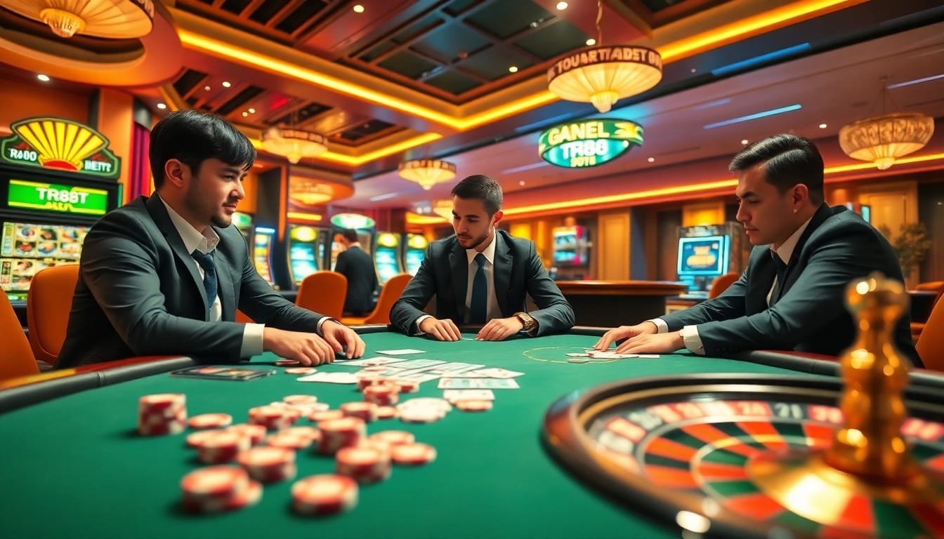 Experience thrilling action at TR88 trang chủ with vibrant poker chips and an intense poker table backdrop.