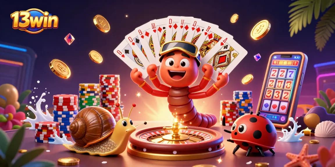 Experience the thrill of 13win with a vibrant, dynamic casino scene featuring a cartoon dealer and playful characters.