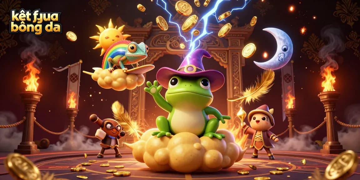 Engage with kết quả bóng đá through thrilling 3D illustration showcasing a wizard frog and friends amidst a storm of golden coins.