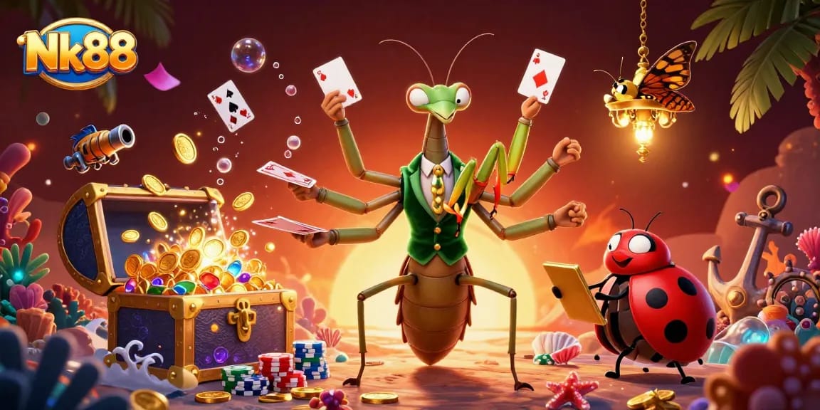 Nk88 showcases a vibrant gaming scene with a giant mantis and ladybug dealing cards, adding excitement to players.
