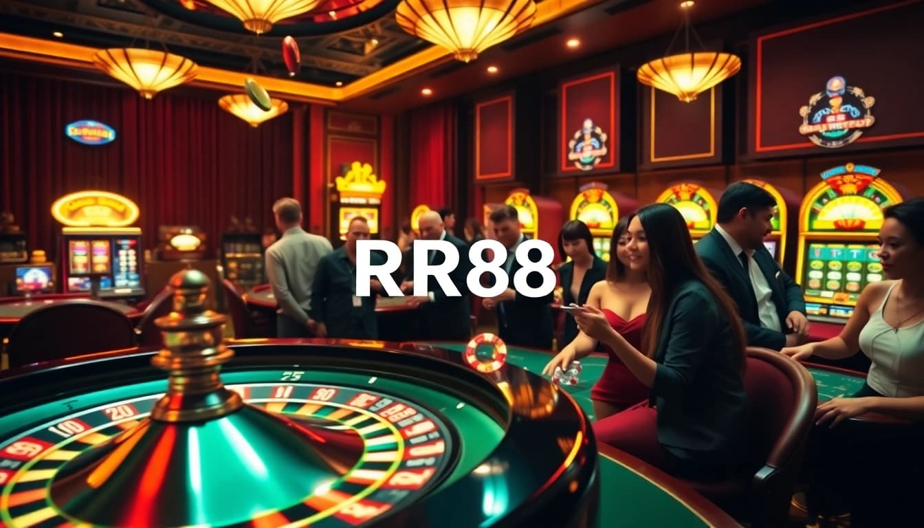 Play exciting casino games at RR88 with vibrant roulette wheels, poker chips, and slot machines.