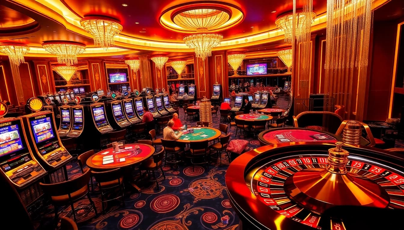 Players enjoying a dynamic gaming experience at S666 casino, featuring high-stakes tables and vibrant slot machines.