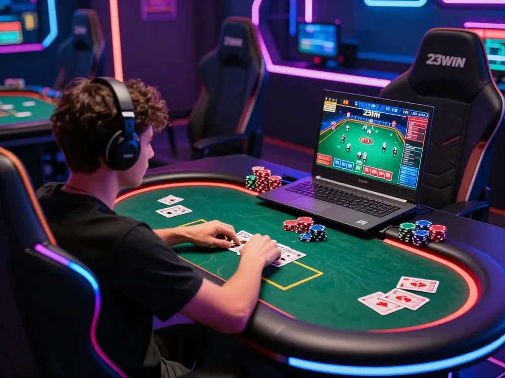 Engaged player enjoying an exciting session on 23win poker platform with colorful gaming atmosphere and modern setup.
