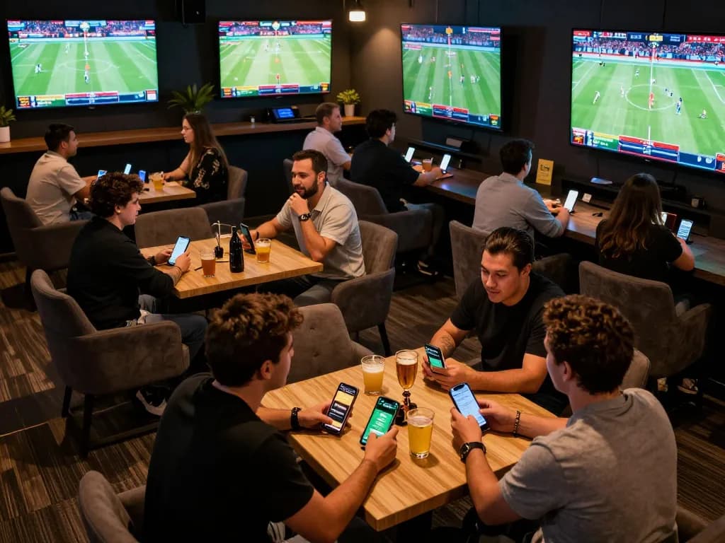 Betting excitement at 78wim sports lounge with multiple screens and engaged bettors.