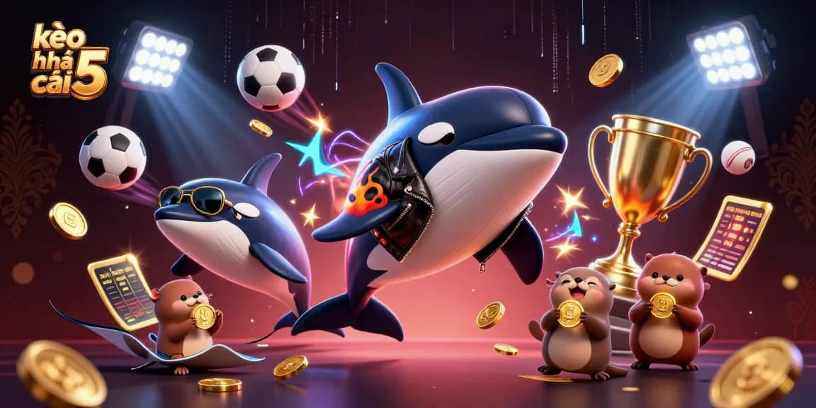 Experience excitement with kèo nhà cái 5 illustrated as a dynamic scene featuring a lively orca, stingray, and otters amidst vibrant sports elements.