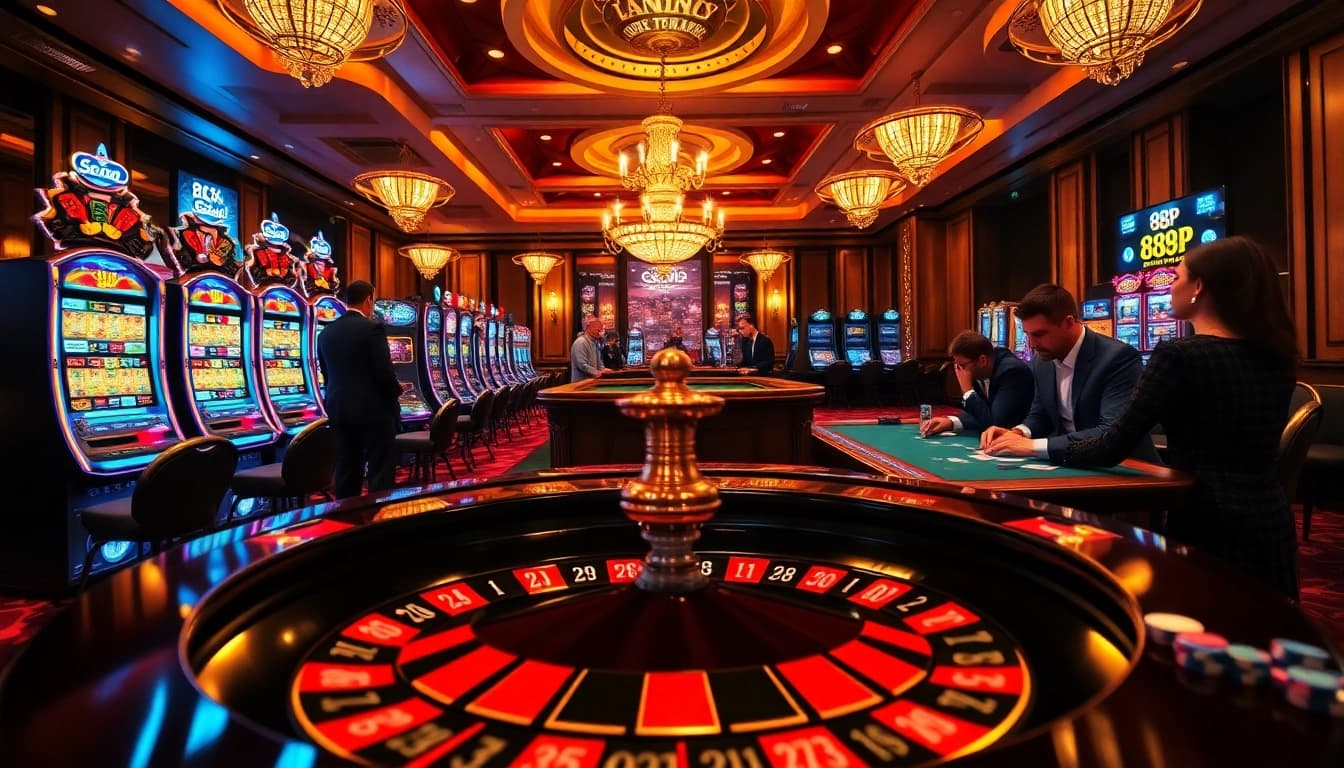 Experience the excitement of gambling at https://888p.se.net/ with a vibrant casino scene full of tables and slot machines.