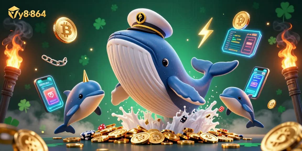 Experience the excitement of play at fly8864 with a vibrant 3D casino illustration featuring whales and dolphins.