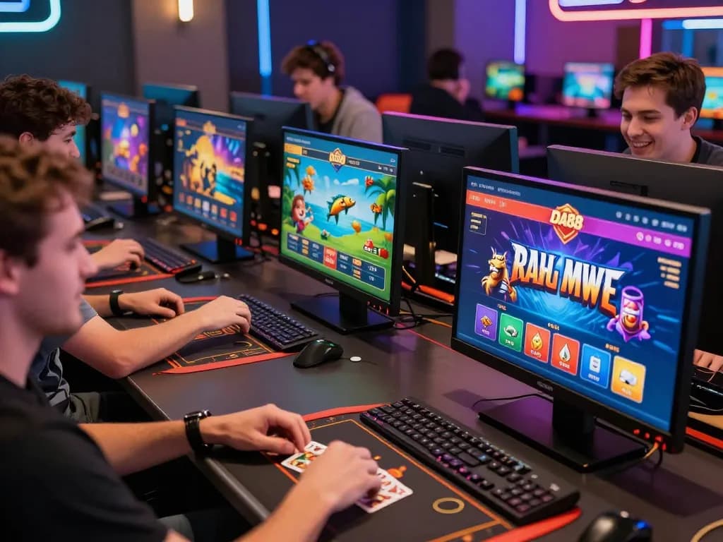 Engaged players at DA88 online gaming platform enjoying diverse games with a vibrant atmosphere and modern interface.