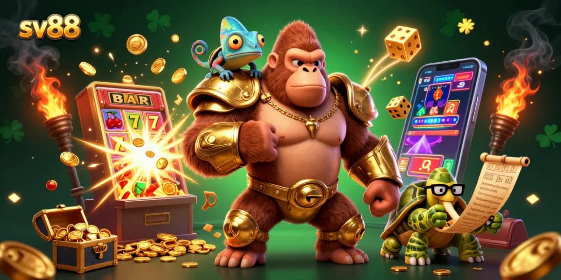 Experience thrilling gameplay with sv88, showcasing a powerful gorilla king and vibrant casino elements.
