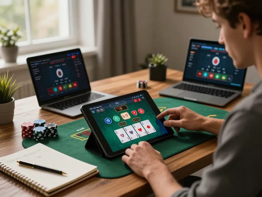 Engaging in live blackjack on a tablet, showcasing vua88's online gaming options in a cozy home setting.
