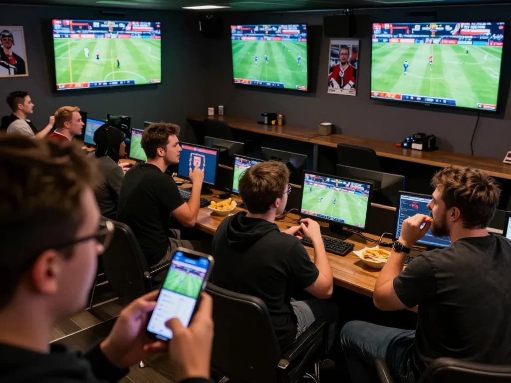 Experience sports betting excitement with transporthydraulics display screens and enthusiastic fans cheering.