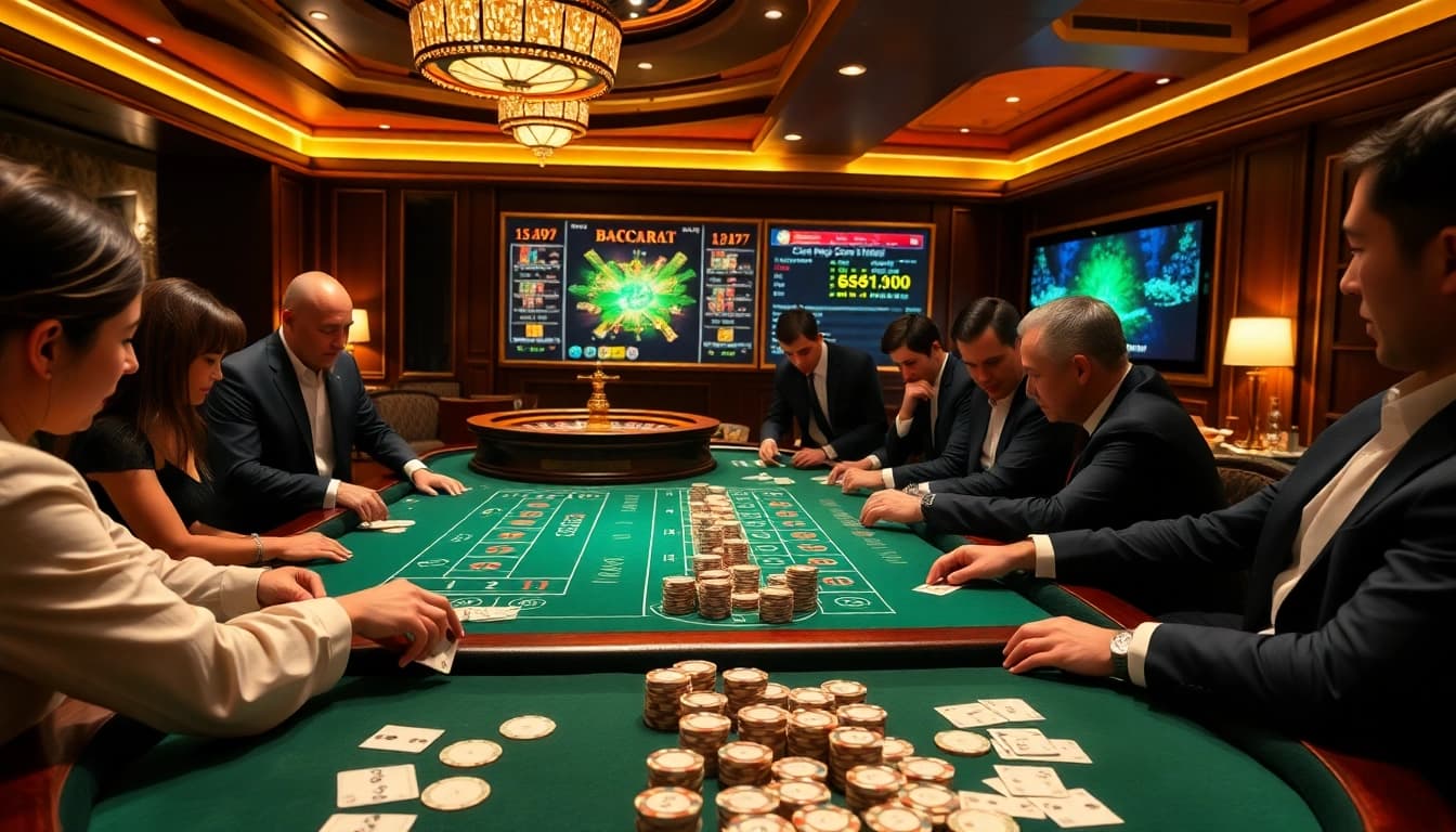 Experience the excitement of 678vip.com with a stylish baccarat table and engaged players in a vibrant casino setting.