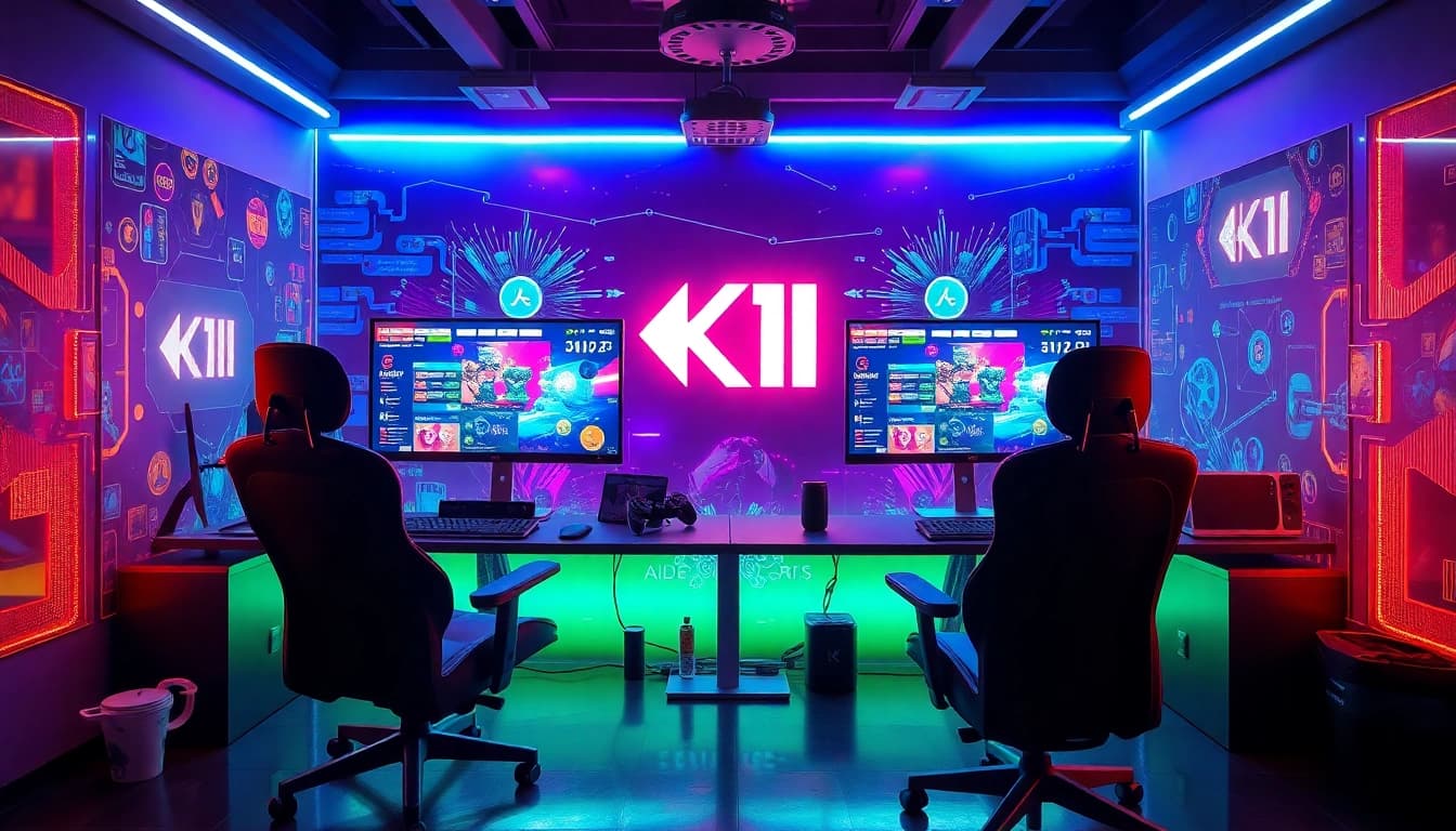 Dynamic gaming setup showcasing Ku11 logo with vibrant graphics and LED lighting