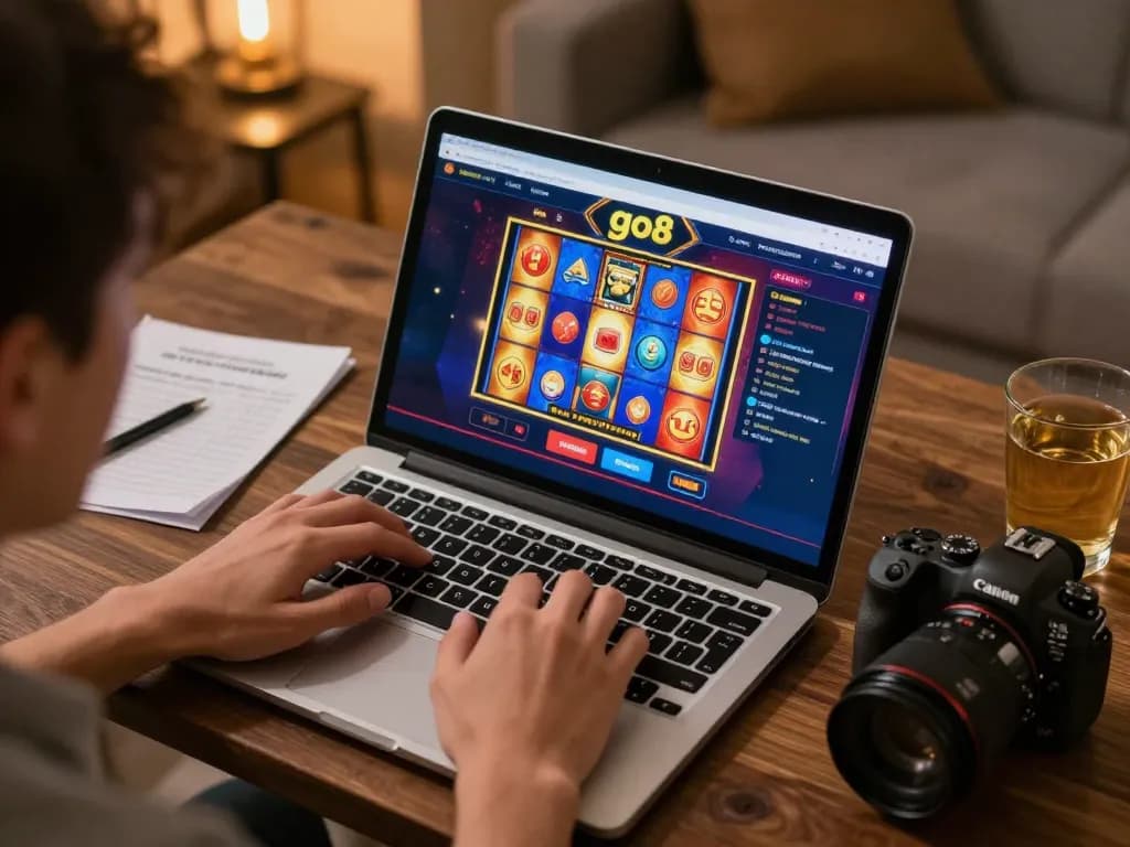 Engaging player enjoying go8 online casino on laptop, vibrant graphics reflecting excitement.