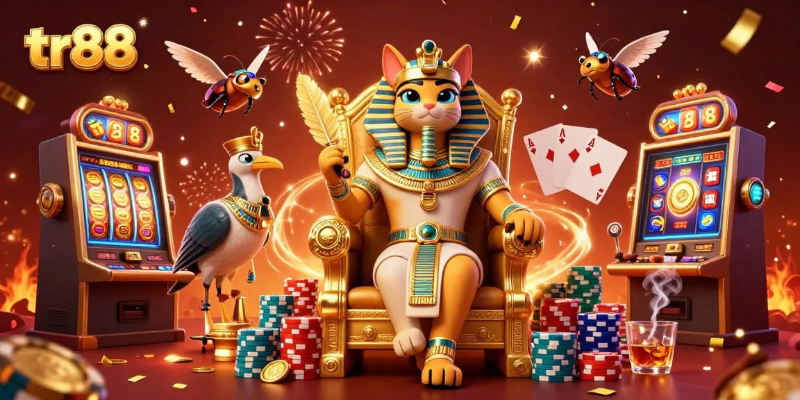 Experience the thrills of tr88 with vibrant slot machines, colorful poker chips, and an animated Egyptian pharaoh cat.