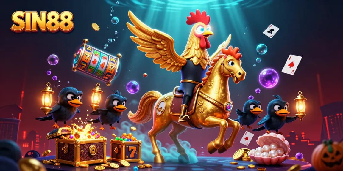 SIN88 showcases a golden rooster in a midnight casino scene filled with slot reels and vibrant treasures.