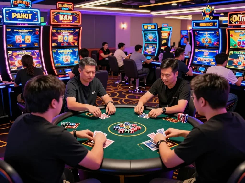 Engaging players in a lively game bài environment with vibrant screens and cards.