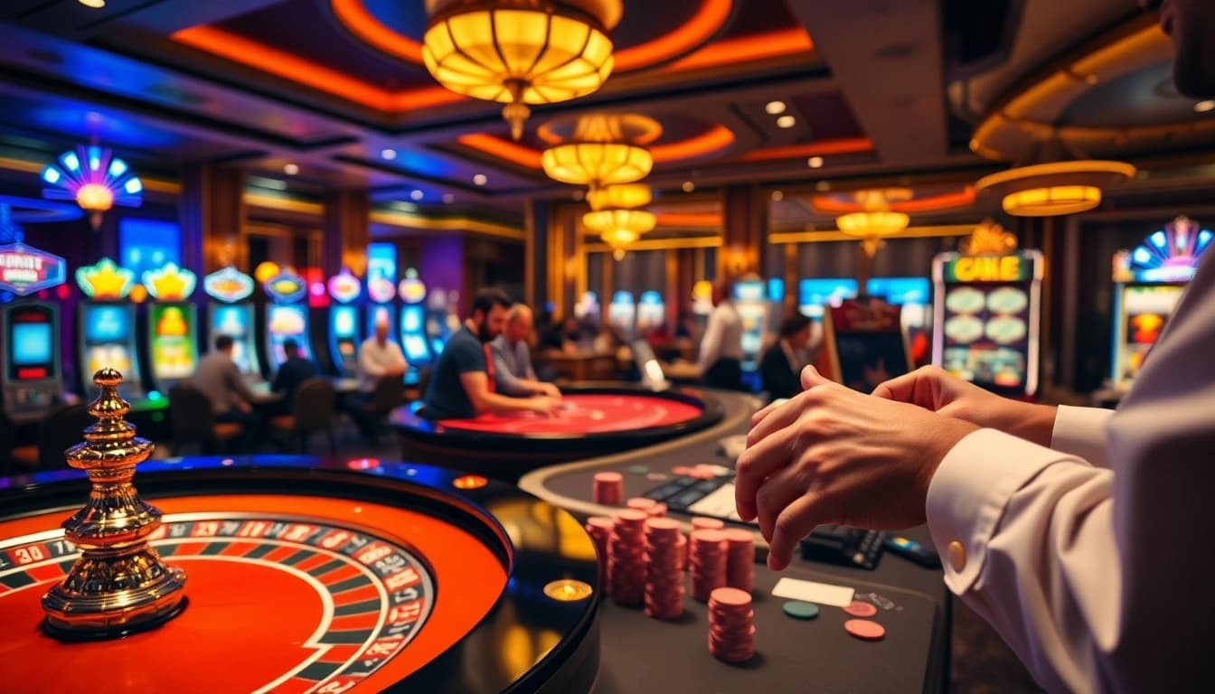 Engaging casino atmosphere showcasing roulette, cards, and chips with focus on https://debet678.com/ betting excitement.