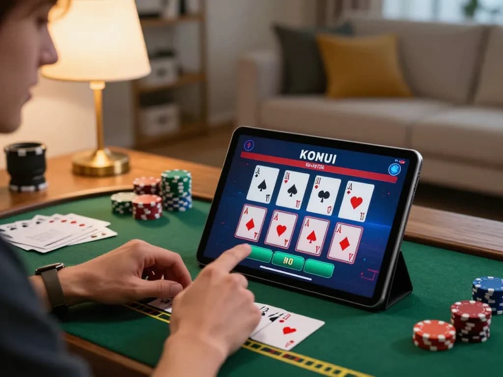 Engaging scene of a player using u888 on a tablet for Blackjack, surrounded by strategy notes in a cozy home.