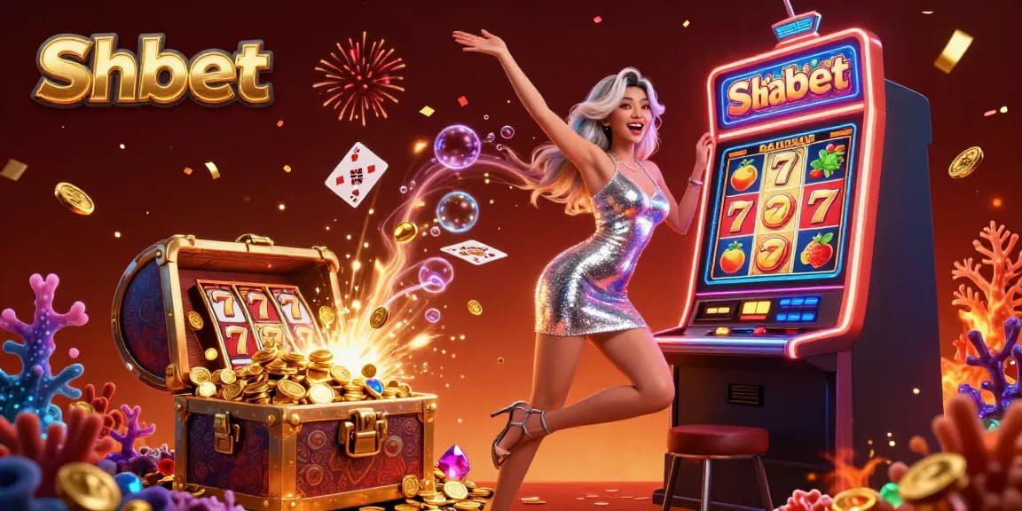 Shbet showcases an exciting slot jackpot celebration with shiny coins and vibrant casino elements.