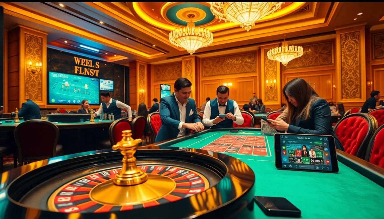 Players enjoy thrilling games at n188 com casino, featuring roulette and poker tables.