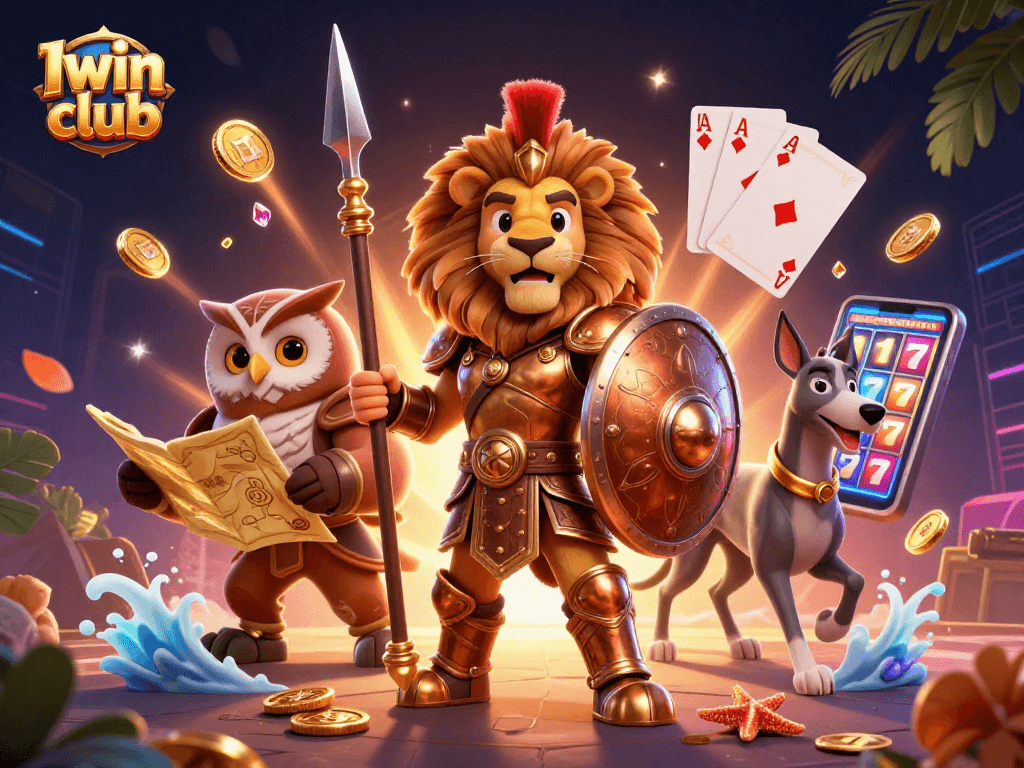 Iwin club features a vibrant 3D illustration with a Spartan lion, owl strategist, and greyhound among casino elements.