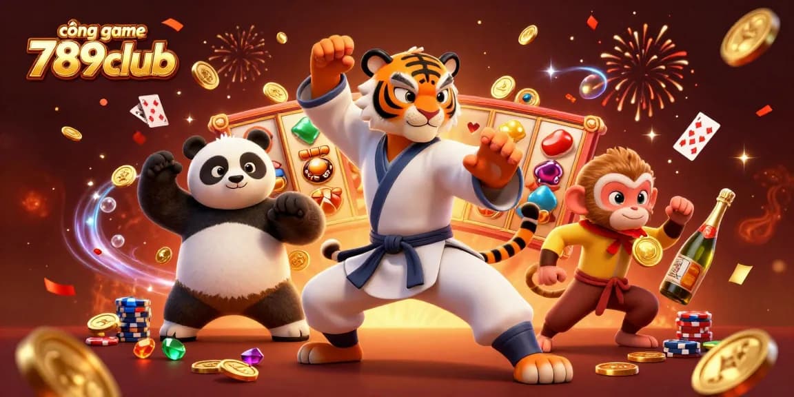 Experience excitement at cổng game 789club with lively characters among vibrant casino elements.
