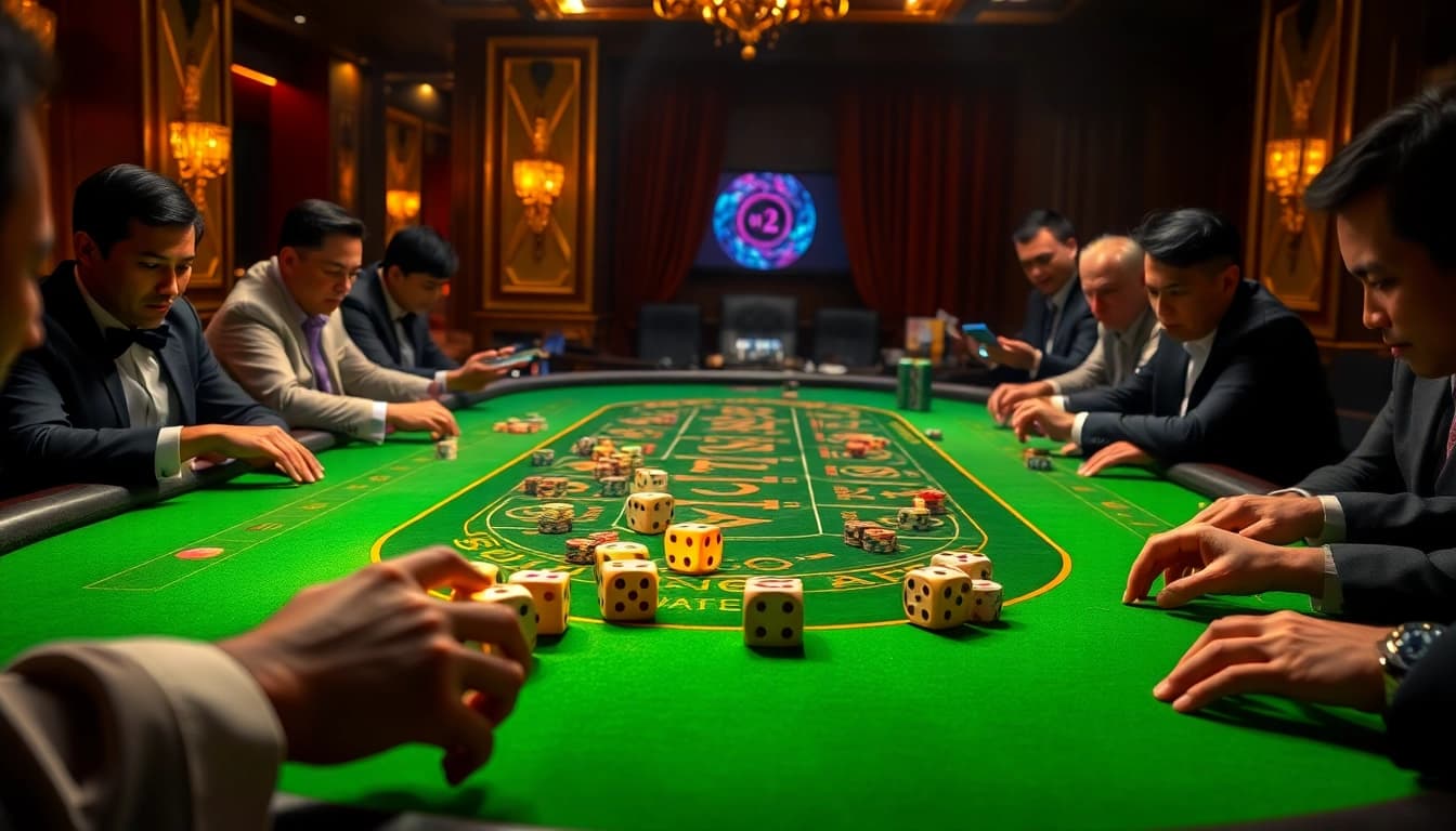 Excited players engaging in a Tài xỉu MD5 game at a lavish casino table with vibrant betting chips.