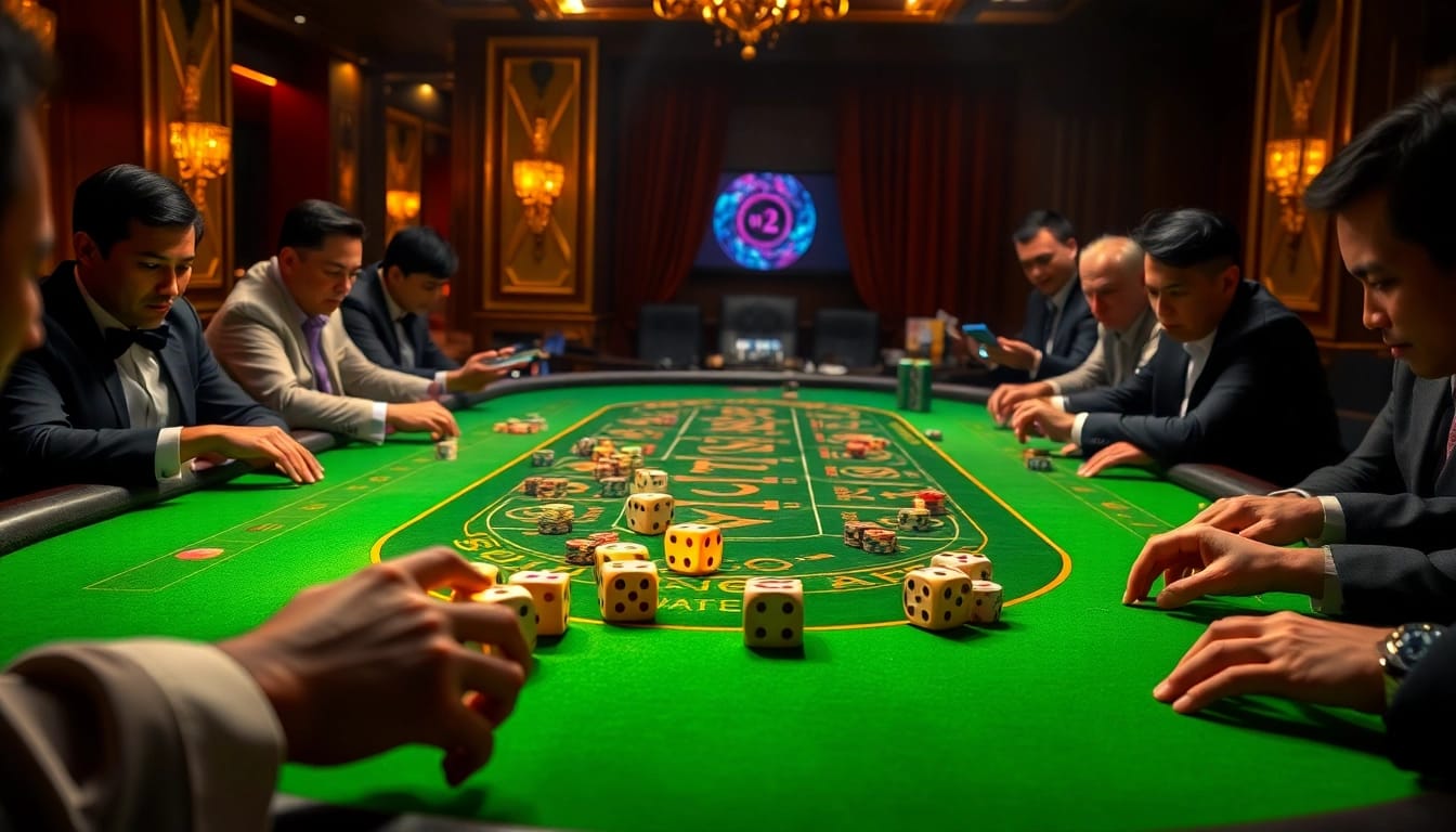 Excited players engaging in a Tài xỉu MD5 game at a lavish casino table with vibrant betting chips.