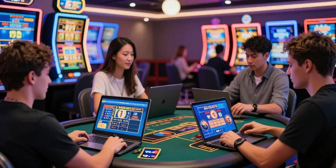 Players enjoying games at a credit card casino, using Visa and Mastercard for deposits amidst vibrant casino lighting.