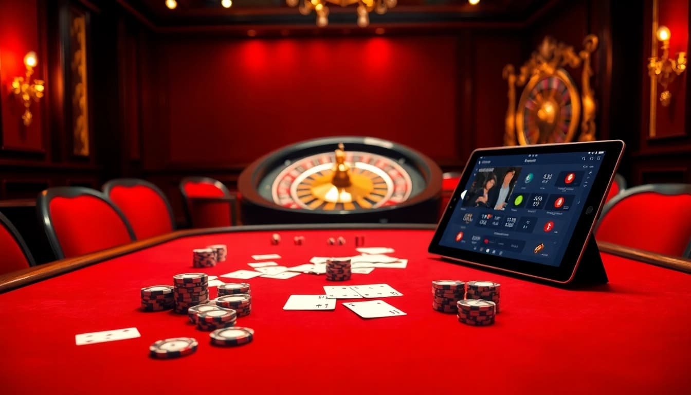 Exciting casino atmosphere featuring chotruyen-themed poker table, roulette wheel, and chips.