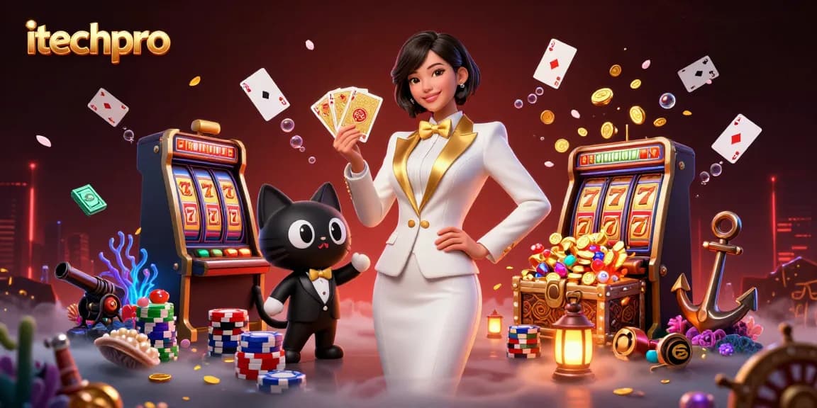 Engage in thrills with itechpro's dynamic casino scene featuring a glamorous woman and a tuxedo cat.