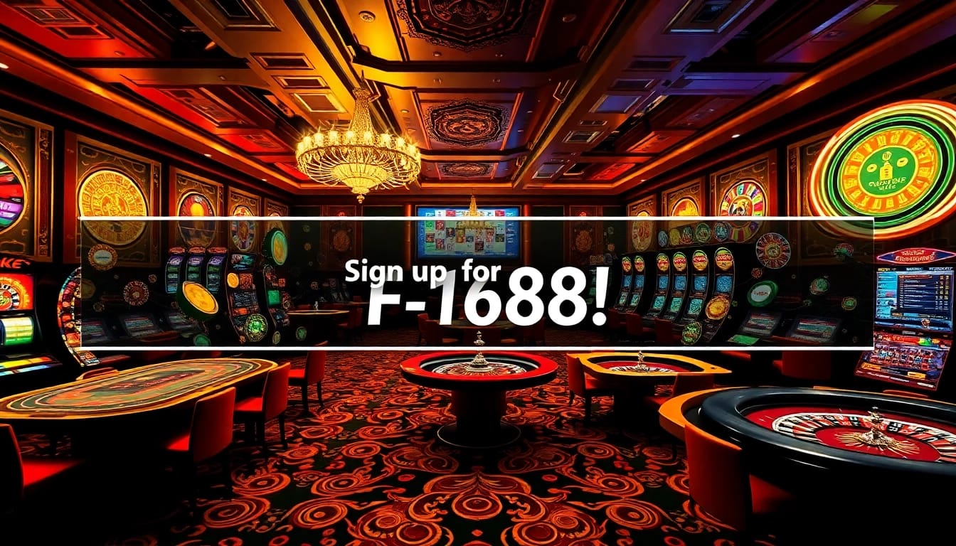 Sign up for F168 and join an exciting online casino experience with vibrant gaming tables and slot machines.