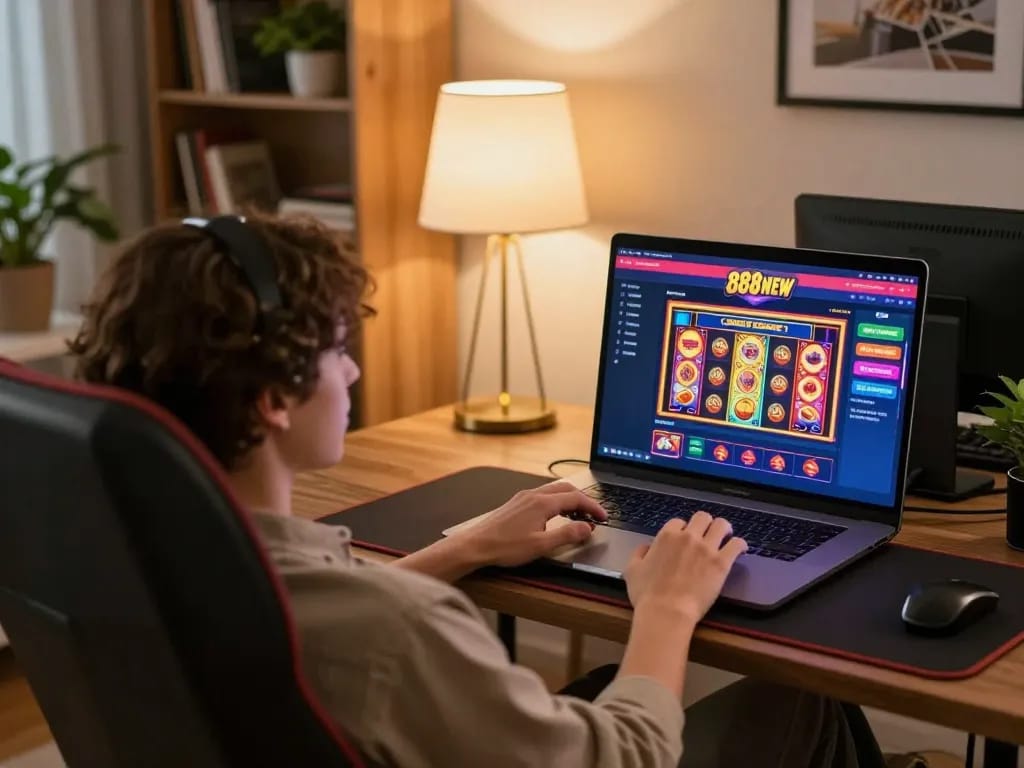 Player engaging in online gaming at 888NEW casino setup showcasing vibrant slot game interface.