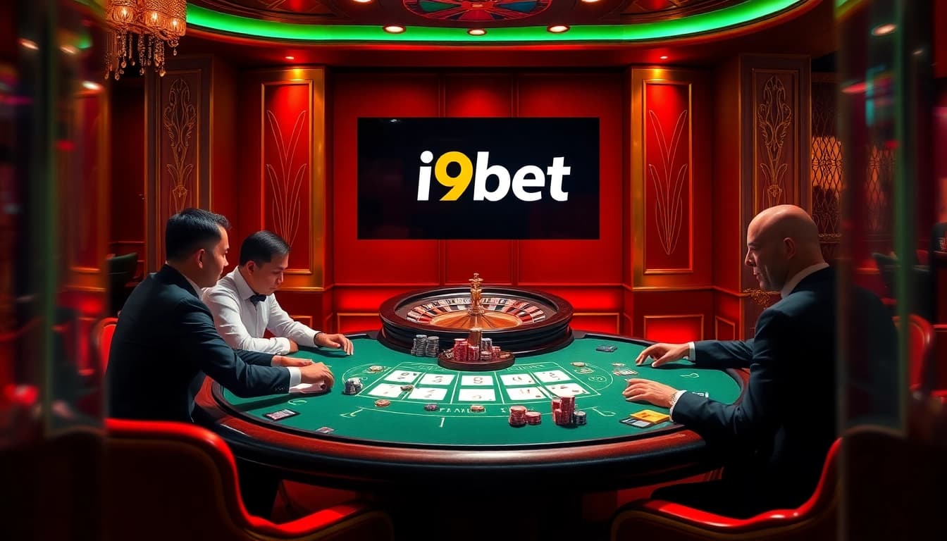 Experience intense gameplay at an i9bet poker table featuring chips, cards, and a roulette wheel.