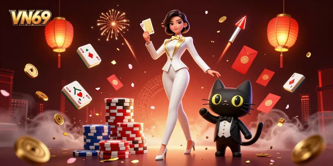Experience the thrill of VN69 with a glamorous casino scene featuring a woman in a tuxedo, a black cat, and poker chips.