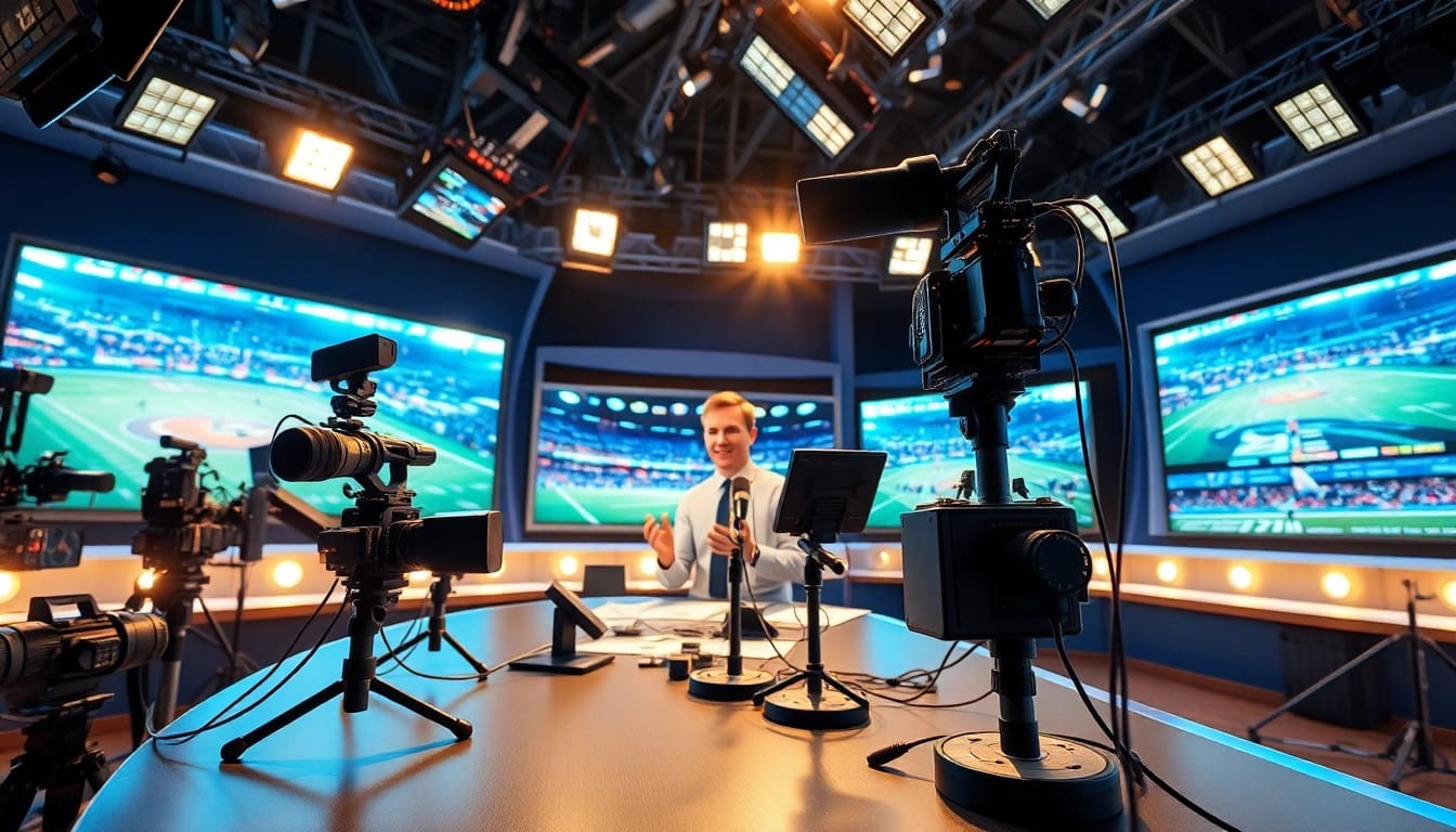 Engaging sports broadcasting studio showcasing live feeds and advanced equipment.