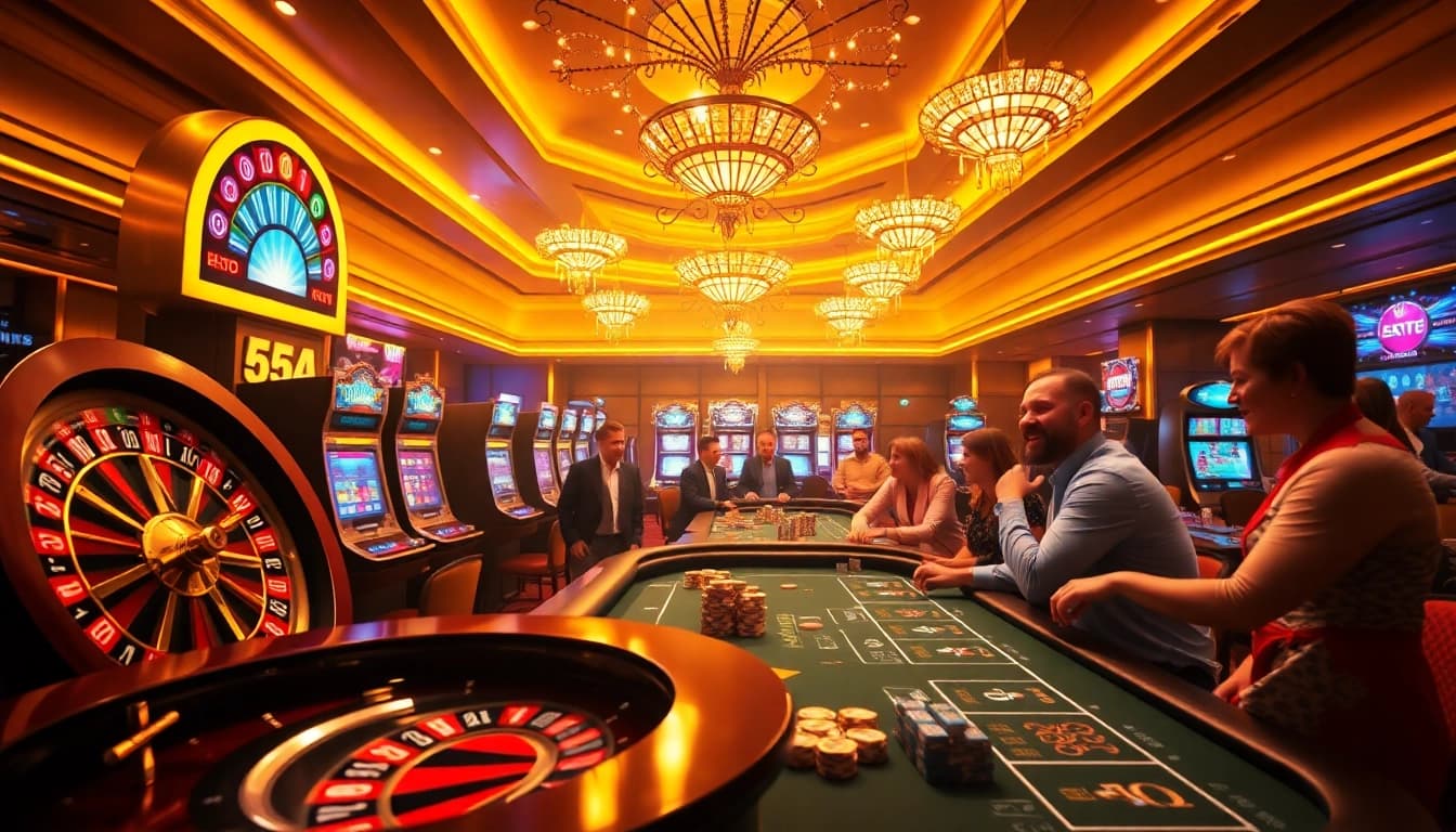 Experience thrilling wins and luxury at 65A's vibrant casino games with players engaged in high-stakes action.