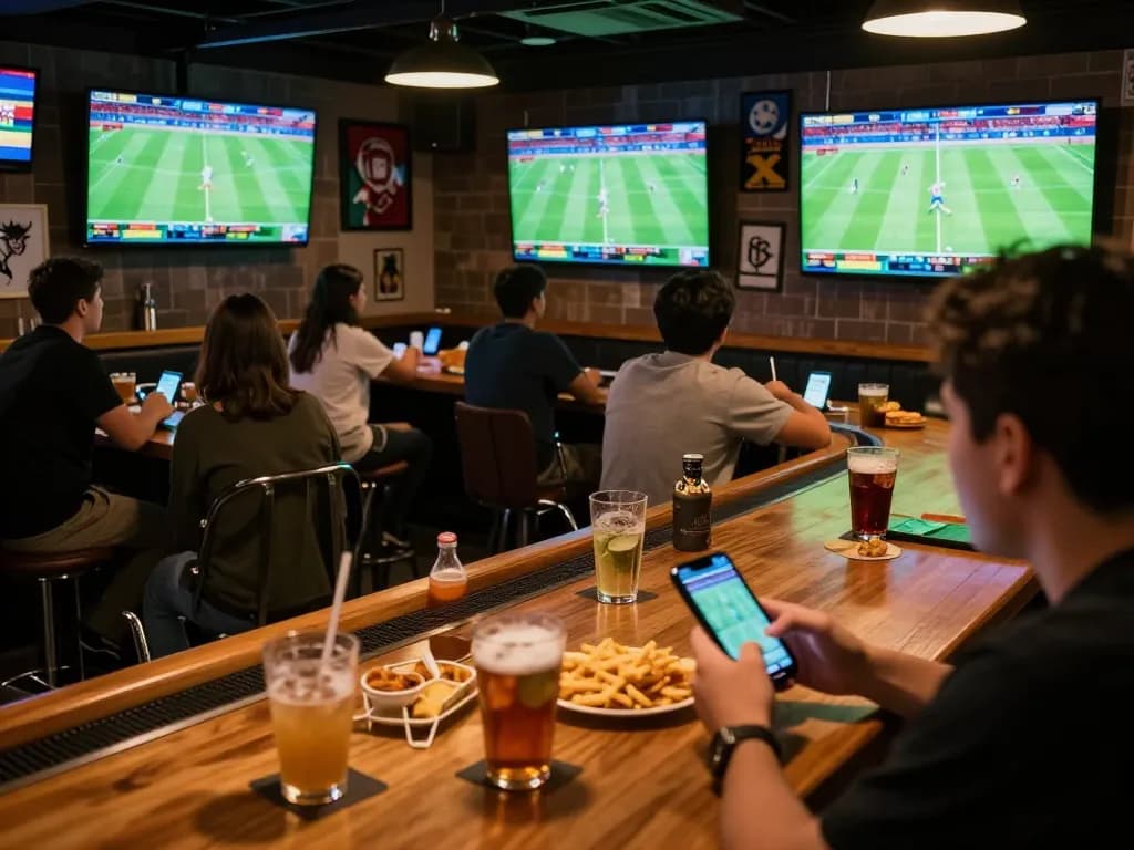 Engaging sports betting scene at a lively bar, featuring bongdalu updates on live matches and bets