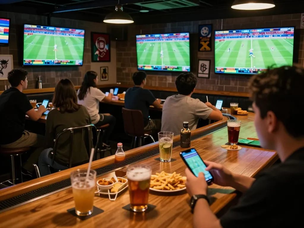 Engaging sports betting scene at a lively bar, featuring bongdalu updates on live matches and bets