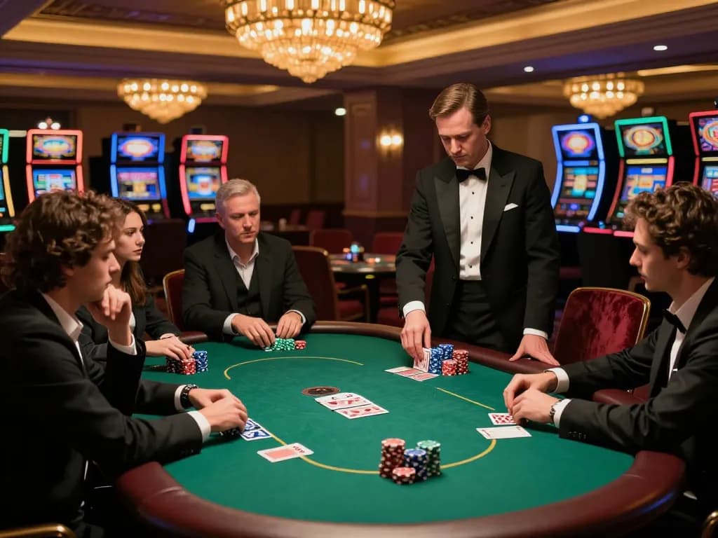 DOLA789 players strategizing in a high-stakes poker game at a luxurious casino