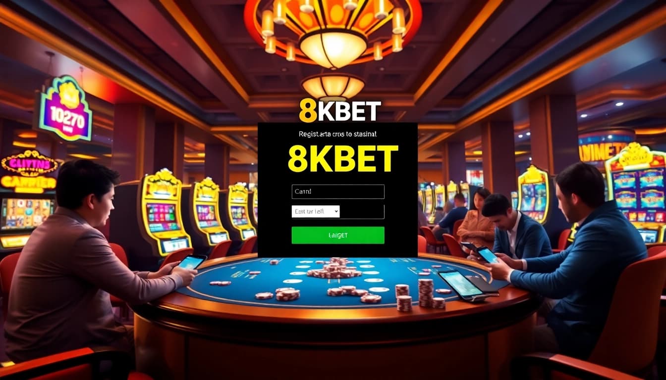 Experience Đăng ký 8KBET registration in a luxurious online casino setting filled with vibrant gaming elements.