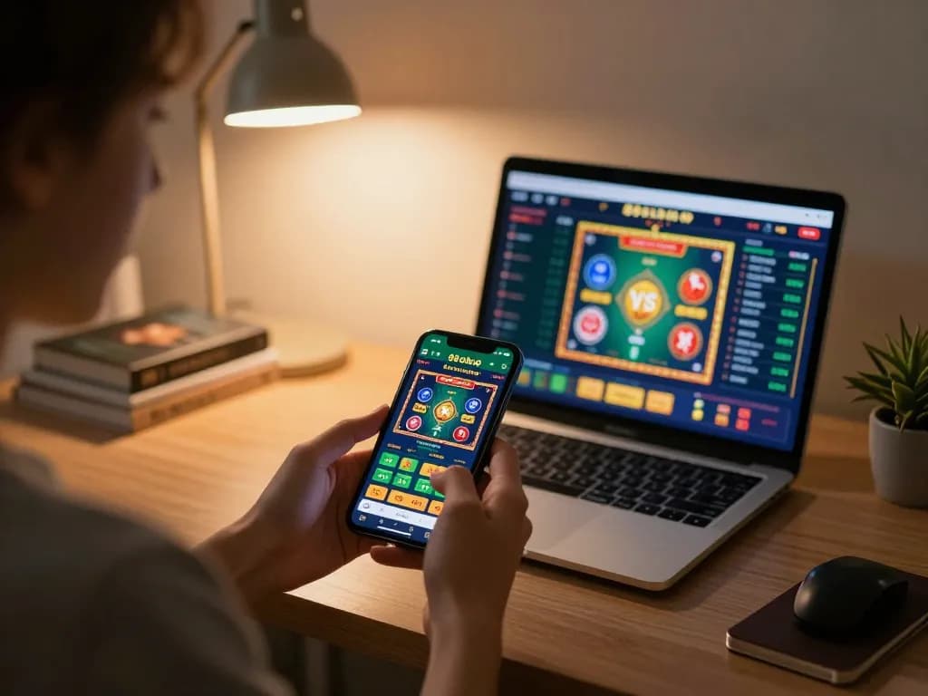 Player engaging with 88clbgo app for online casino gaming in cozy home office.