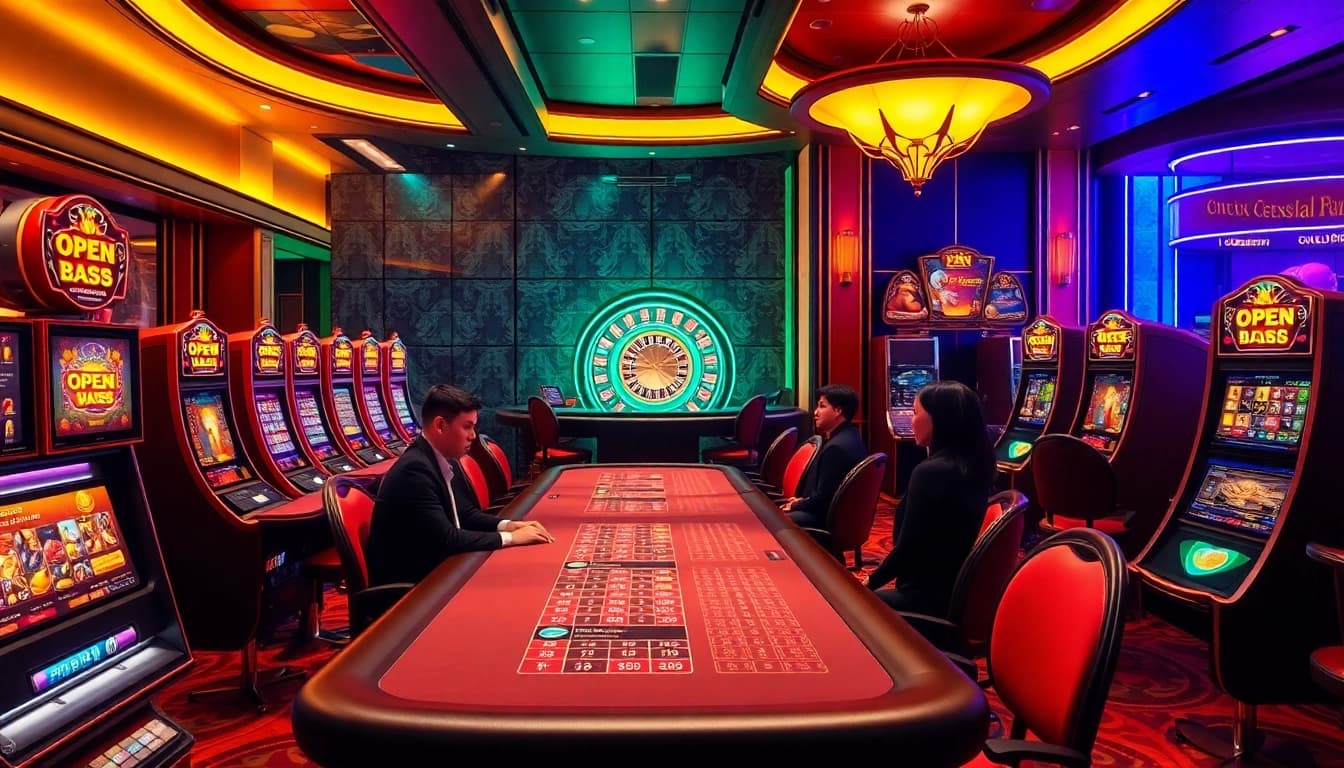 Experience luxury and excitement at OPEN 88's vibrant casino area with poker tables and slot machines.