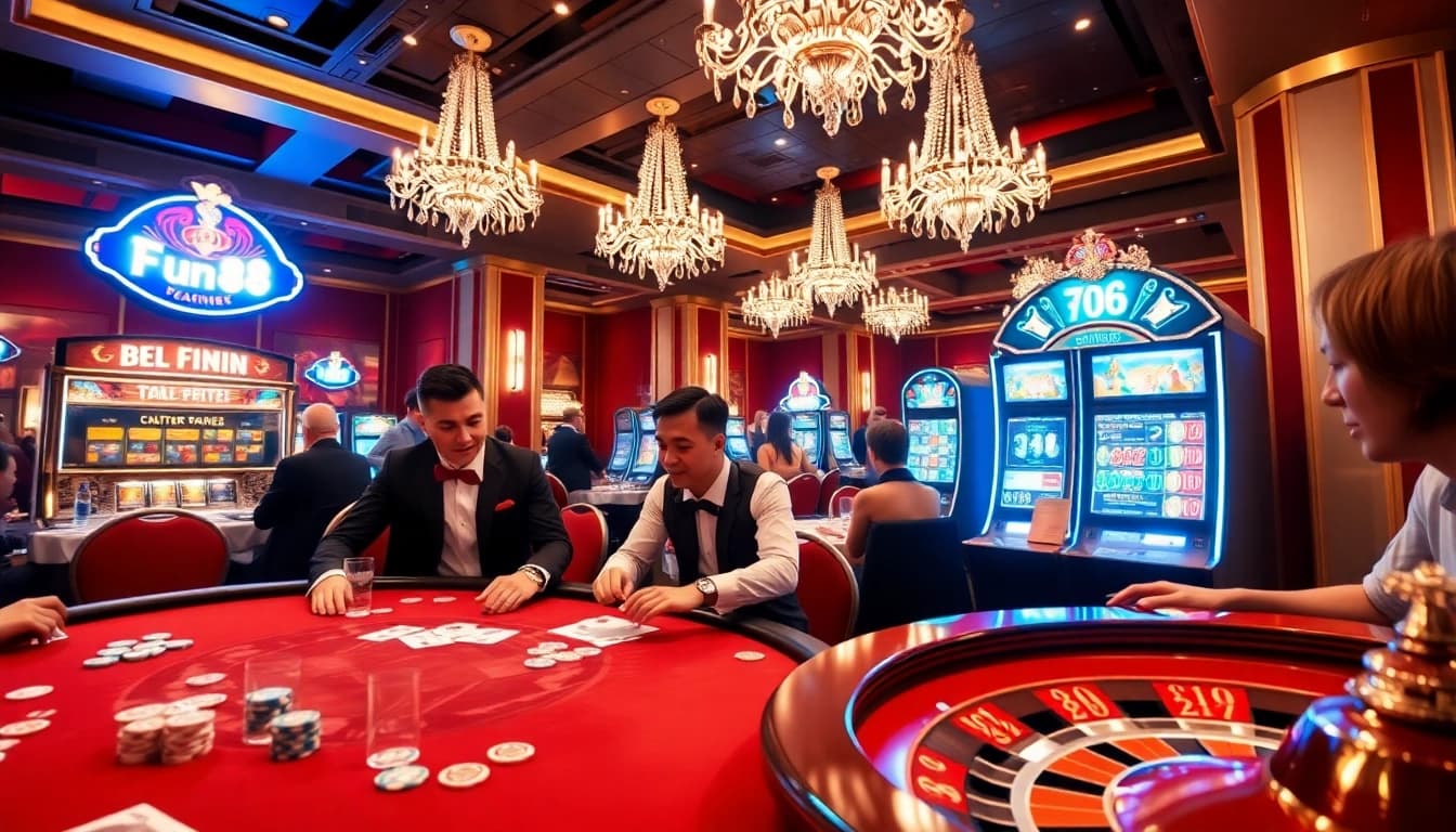 Experience an exciting atmosphere at Fun 88 with players engaged in thrilling casino games.
