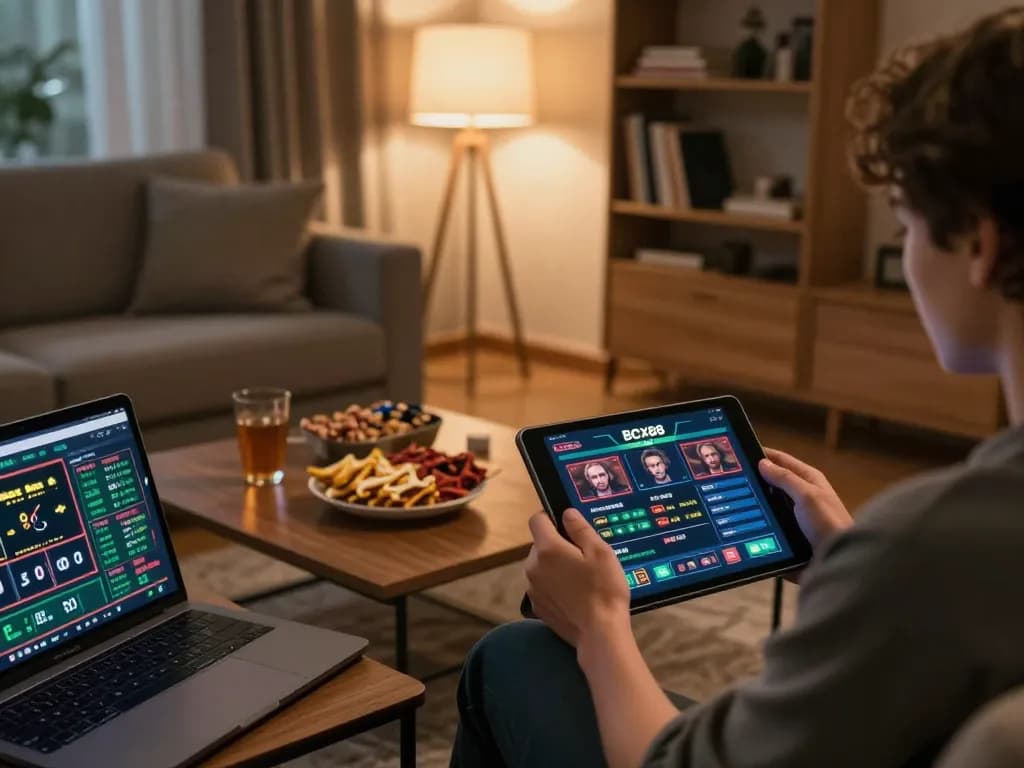 Player engaging with the BCX88 casino app at home, showcasing strategic betting environment.