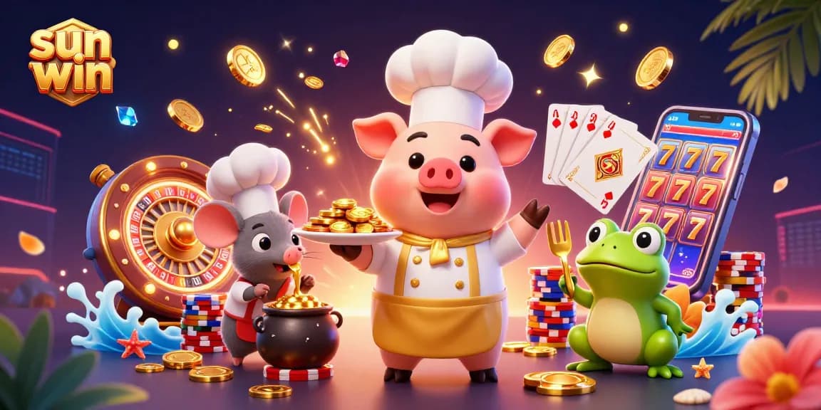 Engage in thrilling casino games with sun win as a pig chef presents gold coins amidst vibrant elements.